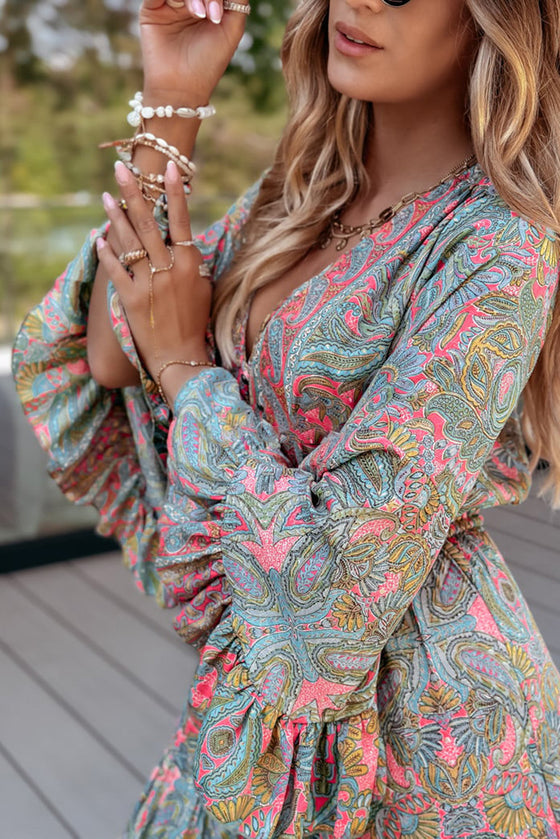 Green Paisley Print Boho Ruffle Trim Tied Maxi Dress