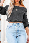 Gray Ribbed Off-Shoulder Balloon Sleeve Top