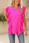 Bright Pink Plain Pleated Ruffle Trim Top