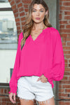 Rose Pleated V Neck Puffy Sleeve Blouse | Available in 2 Colors