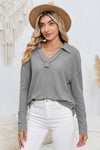 Gray V Neck Collared Retro Waffle Long Sleeve Top | Other Colors Available