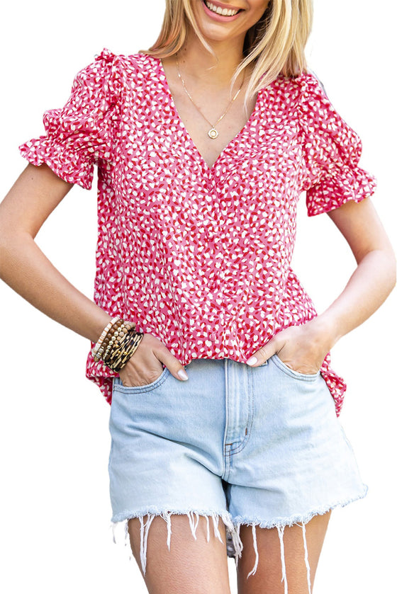 Pink Abstract Print V-Neck Blouse