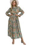 Green Frill Neck Boho Floral Print Pleated Belted Maxi Dress