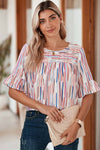 White Striped Abstract Print Ruffle Half Sleeve Blouse