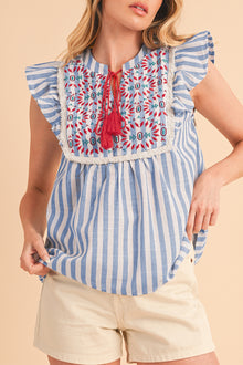  Sky Blue Stripe Geometric Tassel Tied Ruffle Blouse