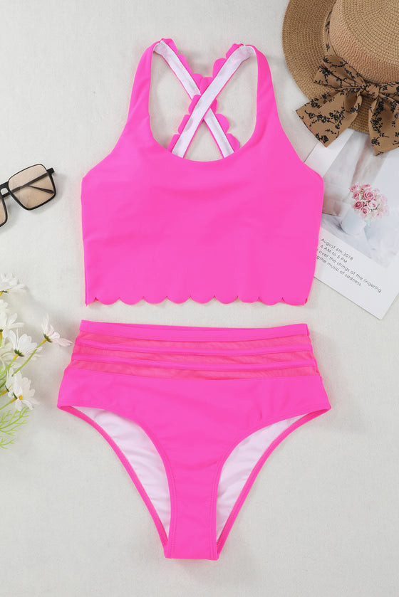 Rose Scalloped Sleeveless High Waisted Two-Piece Swimsuit | Available in 2 Colors