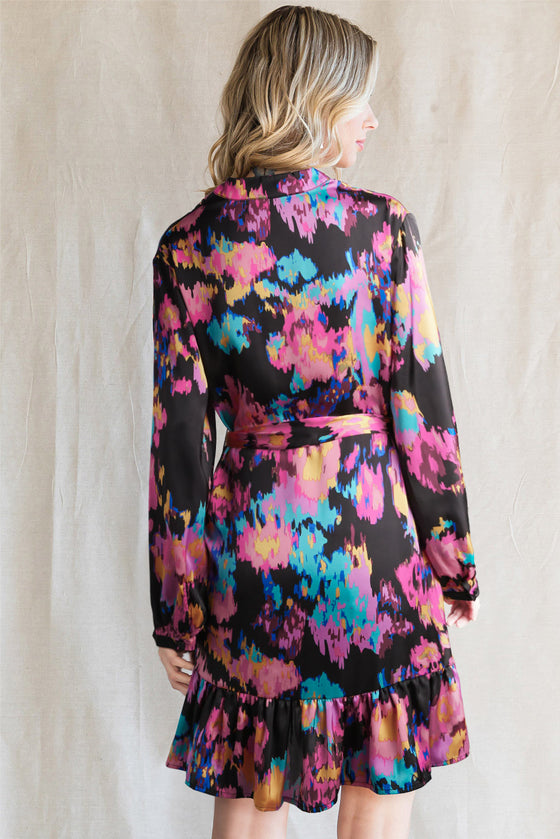 Abstract Print Waist Belted Long Sleeve Dress | Other Colors Available