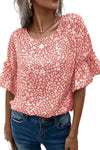 Pink Leopard Print Casual Flounce Sleeve Blouse for Women