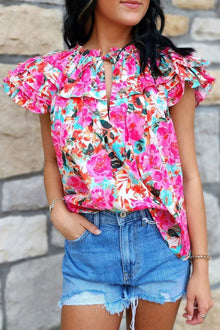  Pink Ruffle Sleeve Floral Print Blouse