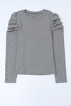 Gray Basic Buttoned Puff Long Sleeve Sheath Top