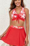 Fiery Red 3pcs Flower Printed Crossed Top and A Line Skirt Bikini Set