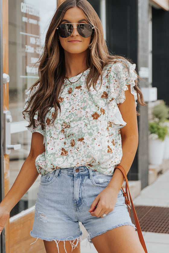 Pastel Green Floral Print Tiered Ruffle Short Sleeve Summer Top