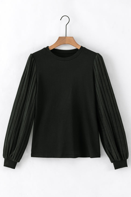 Black Contrast Ribbed Bishop Sleeve Top | Available in 3 Colors