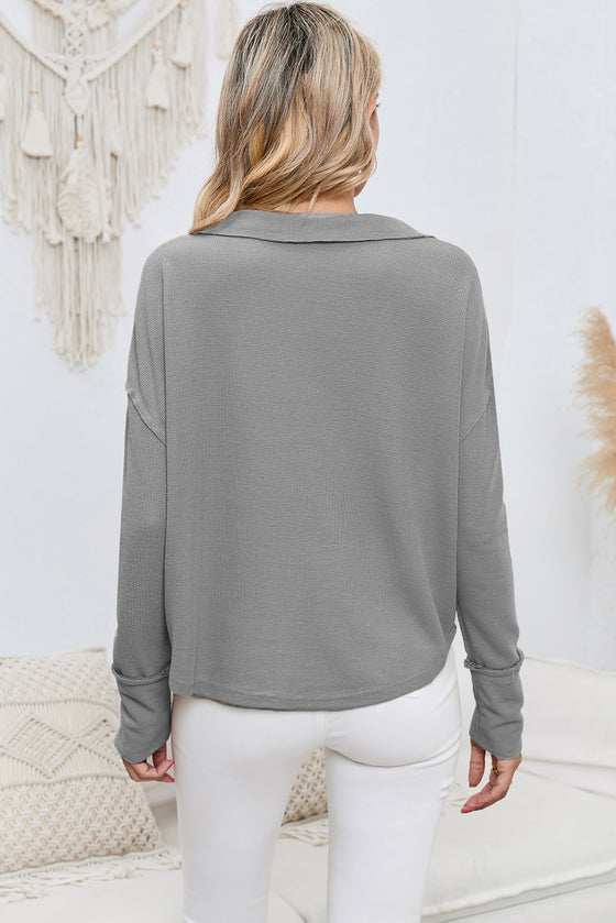 Gray V Neck Collared Retro Waffle Long Sleeve Top | Other Colors Available