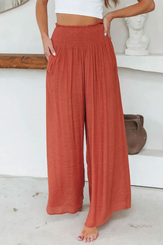 Red Smocked Pockets High Waisted Beach Pants