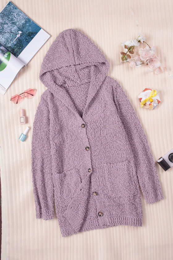 Pink Fuzzy Popcorn Pocket Long Sleeve Knit Cardigan