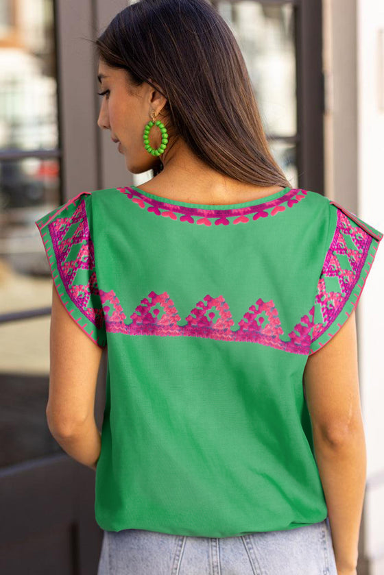 Magenta and Green Abstract Print Cap Sleeve Shirt