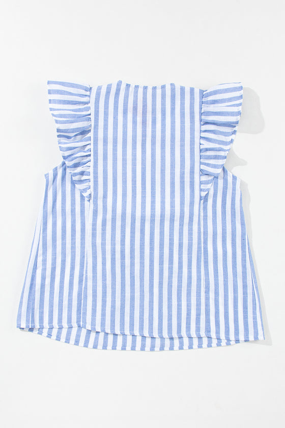 Sky Blue Stripe Geometric Tassel Tied Ruffle Blouse