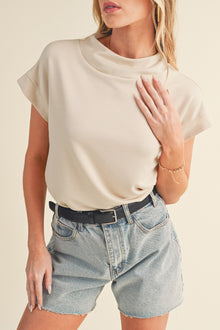  Oatmeal Solid Color Short Sleeve Zip Back Blouse