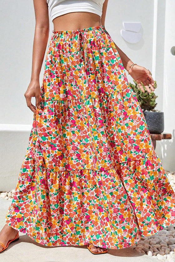 Yellow Boho Floral Print Tiered Maxi Skirt