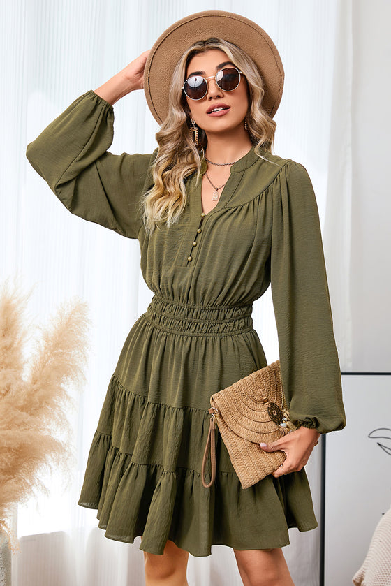 Green Solid Color Notch Neck Tiered Long Sleeve Dress