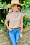 Oatmeal Solid Color Short Sleeve Zip Back Blouse