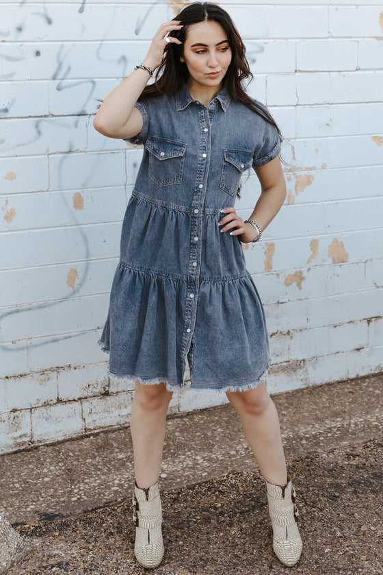 Blue Button Up Short Sleeve Denim Shirt Dress