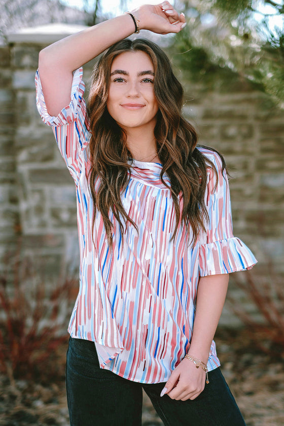 White Striped Abstract Print Ruffle Half Sleeve Blouse