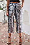 Silver High Waisted Drawstring Cropped Sequin Pants