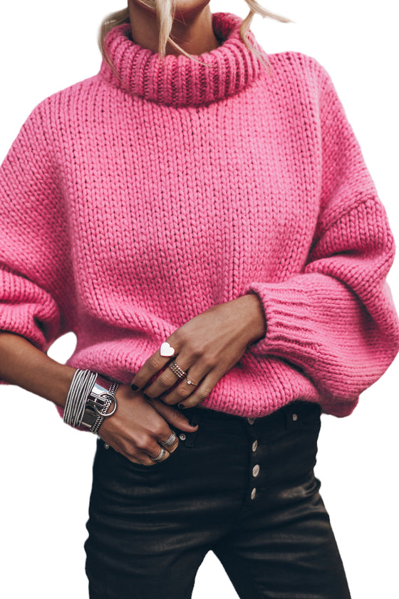 Light Grey Chunky Knit Turtleneck Drop Shoulder Sweater