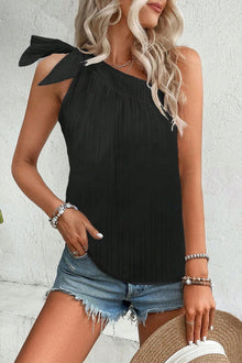  Black Solid Color Asymmetrical Knot Textured Sleeveless Shirt | Available in 2 Colors