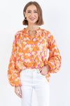 Orange Floral Print Loose Long Sleeve Blouse