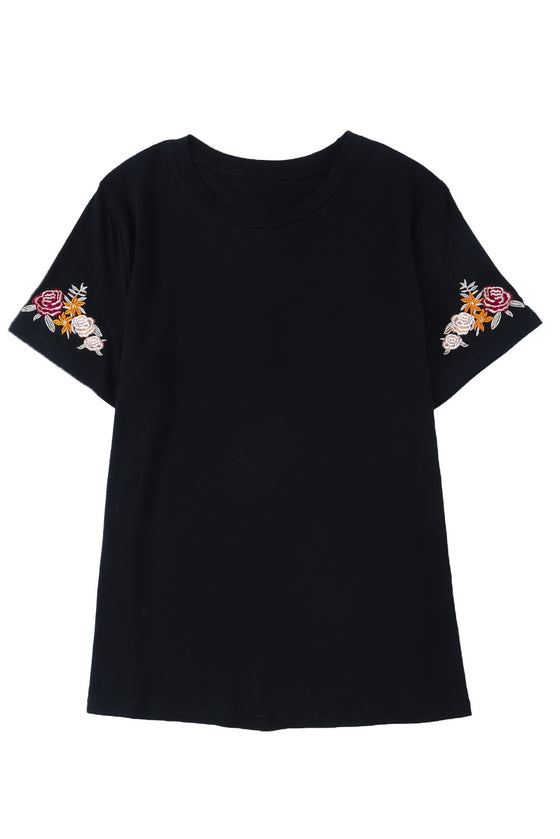 Black Casual Floral Embroidered T-Shirt