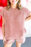 Rose Pink Acid Washed Cap Sleeve Tee and High Waist Shorts Set