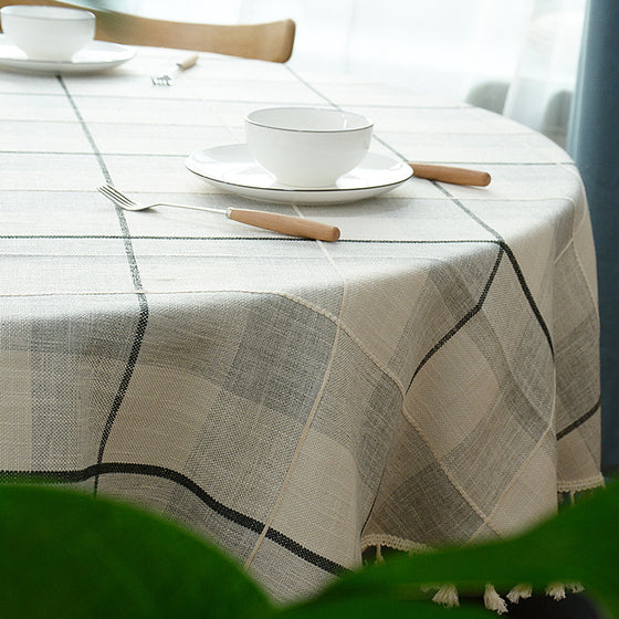 Large Round Table Cloth in Grid Pattern with Ivory Tassel Trim