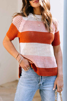  Brown Crochet Knit Colorblock Stripe Short Sleeve Top