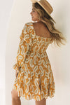 Yellow Boho Paisley Floral Print Long Sleeve Short Dress