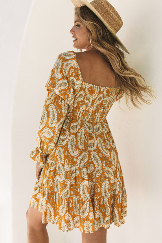 Yellow Boho Paisley Floral Print Long Sleeve Short Dress