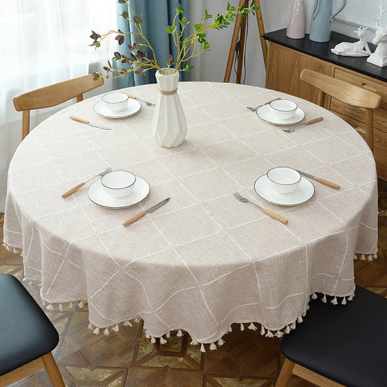 Large Round Table Cloth in Grid Pattern with Ivory Tassel Trim