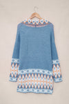 Blue Aztec Print Western Open Front Knit Cardigan