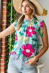 Green Floral Print Ruffle Trim Sleeveless Shirt