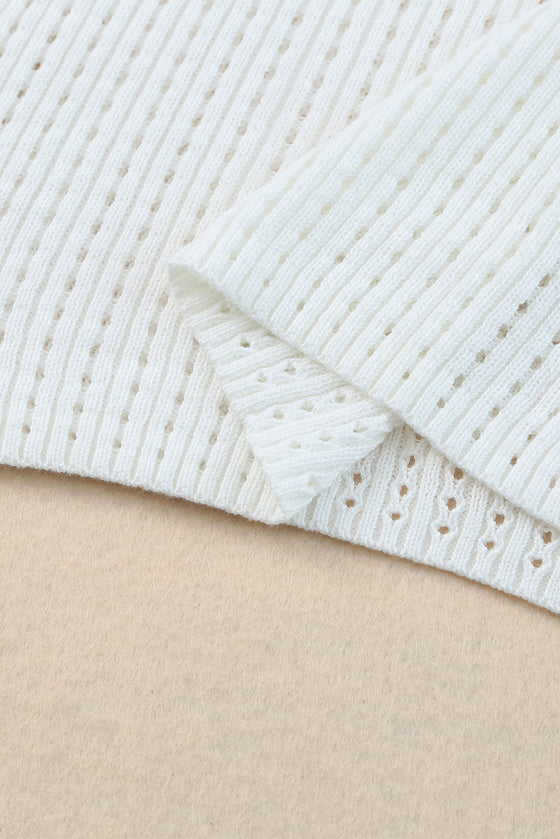 White Hollow Out Crewneck Short Sleeve Knitted Top