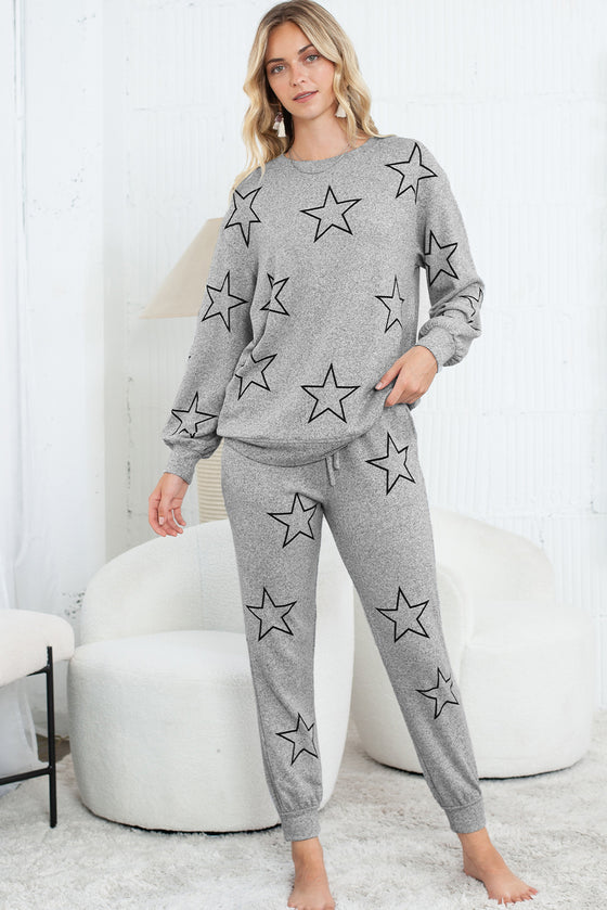 Black Stars Print Long Sleeve Top and Drawstring Pants Set | Available in Gray