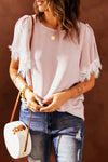 Pastel Pink Lace Trim Flutter Sleeve Blouse for Women