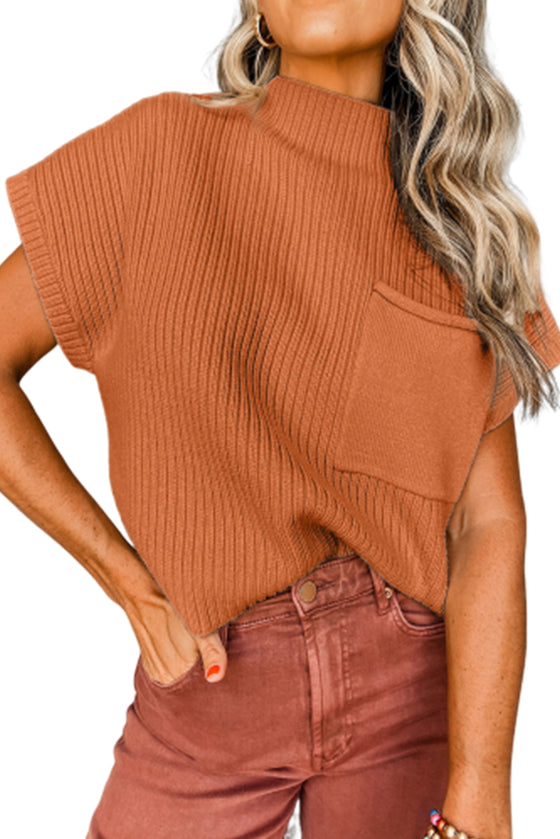 Oatmeal Patch Pocket Ribbed Knit Short Sleeve Sweater | Available in 7 Colors