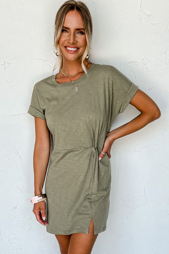 Sage Green Folded Sleeve Twisted Mini T-Shirt Dress