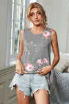 Floral Print Round Neck Casual White Tank Top