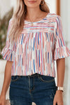 White Striped Abstract Print Ruffle Half Sleeve Blouse