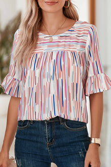  White Striped Abstract Print Ruffle Half Sleeve Blouse