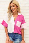 Hot Pink Color Block Short Sleeve Polo Blouse